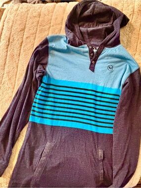 Shaun White Long Sleeve Hooded Henley in Aqua Blue and Charcoal
